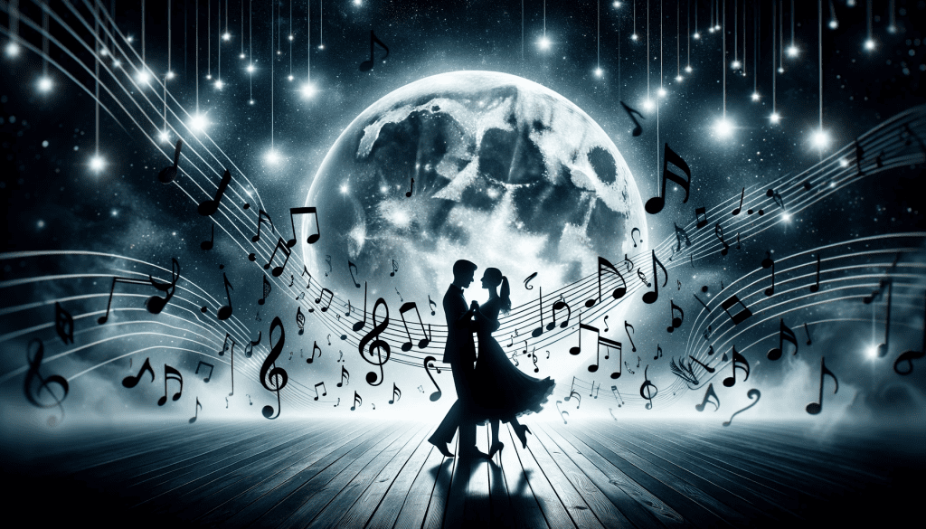 Photo of a silhouette of a couple dancing under the moonlight with musical notes floating around them.