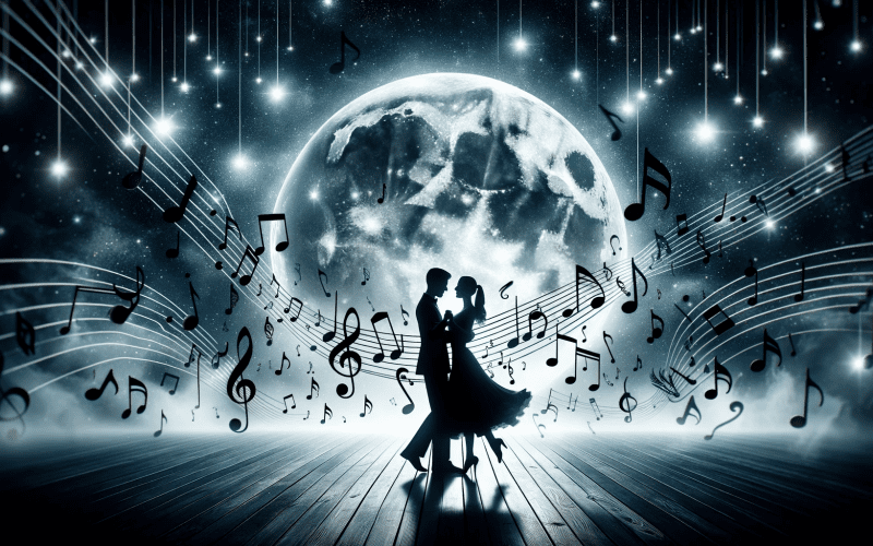 Photo of a silhouette of a couple dancing under the moonlight with musical notes floating around them.