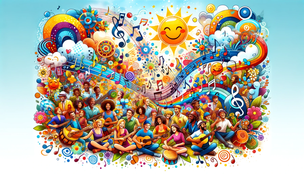 A vibrant and joyful scene with people of diverse ethnicities enjoying music.